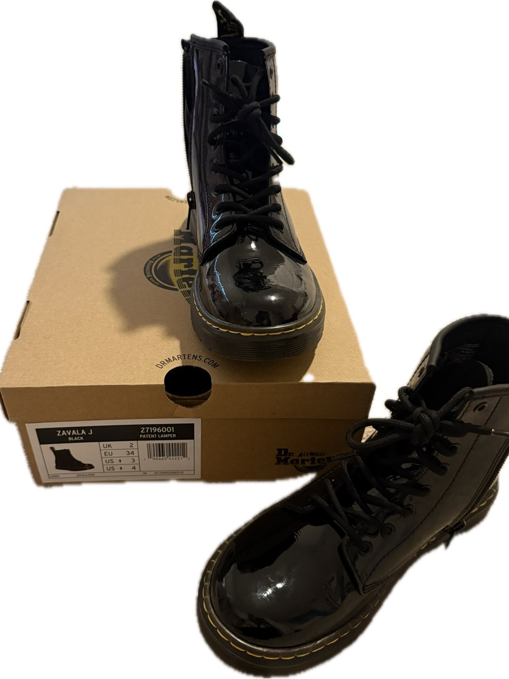 Dr. Martens Black Patent Lace-Up Ankle Boots with Yellow Stitching